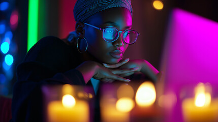Naklejka premium Focused woman working on a laptop at night, surrounded by candles and illuminated by vibrant purple and teal lighting. 