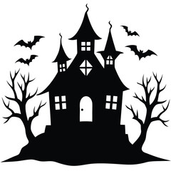 Spooky silhouette illustration of a haunted house with bats and bare trees on white background