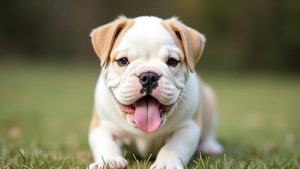 Adorable Bulldog Puppy Panting on Lawn, Showing Tongue with Playful Gaze