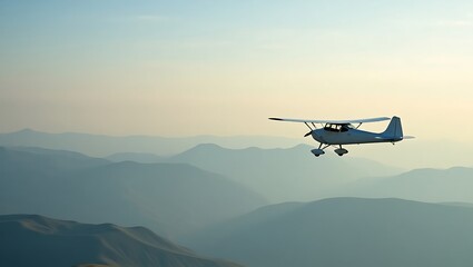 Light aircraft flying over hazy mountain ridges in atmospheric light
