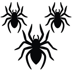 Three spooky black spider silhouettes isolated on a clean white background for halloween decor