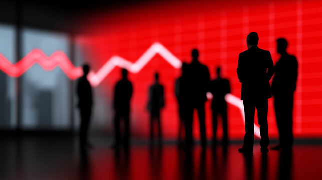 Red declining stock market graph with silhouetted businesspeople in a conference room, symbolizing financial crisis or downturn.