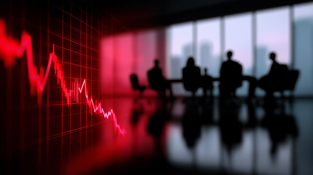 Red declining stock market graph with silhouetted businesspeople in a conference room, symbolizing financial crisis or downturn.