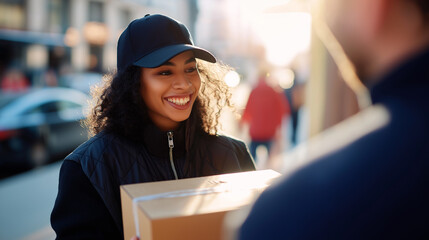 Smiling woman receiving a cardboard package from a delivery person outside her home on a pleasant day.

