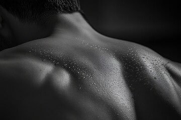 Fototapeta premium Sweaty Back Close-up of a muscular male back covered in glistening beads of perspiration in black and white.