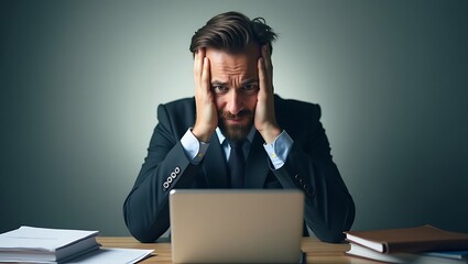 Overwhelmed businessman struggling with digital challenges in office setting