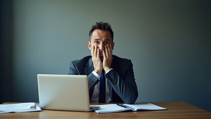 Stressed businessman in suit with laptop expressing disbelief and panic