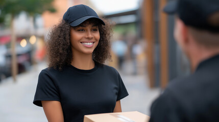 Smiling female courier in black uniform and cap delivering a package to a customer outdoors.  

