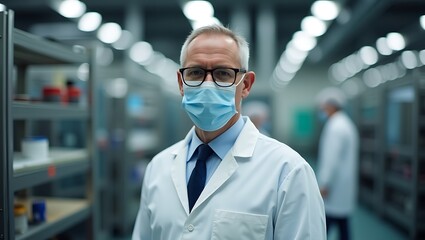 Focused Physician with Face Mask in Modern Hospital Setting, Healthcare