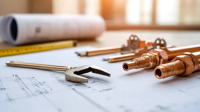 Plumbing fittings and wrench on blueprint construction and renovation design