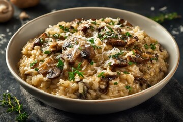 Pilzrisotto cremig Risotto mit Champignons italienisches Reisgericht Parmesan Risotto vegetarisch Trüffel Geschmack Soulfood Comfort Food Risotto Rezept Foodfotografie herbstliche Küche Reispfanne