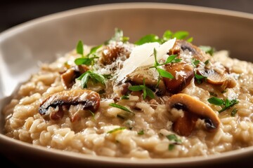 Pilzrisotto cremig Risotto mit Champignons italienisches Reisgericht Parmesan Risotto vegetarisch Trüffel Geschmack Soulfood Comfort Food Risotto Rezept Foodfotografie herbstliche Küche Reispfanne