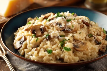 Pilzrisotto cremig Risotto mit Champignons italienisches Reisgericht Parmesan Risotto vegetarisch Trüffel Geschmack Soulfood Comfort Food Risotto Rezept Foodfotografie herbstliche Küche Reispfanne