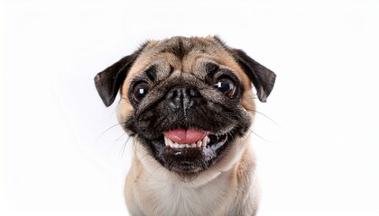 Obraz premium funny little pug dog with a big teeth smile isolated on white background