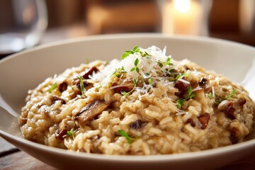 Pilzrisotto cremig Risotto mit Champignons italienisches Reisgericht Parmesan Risotto vegetarisch Trüffel Geschmack Soulfood Comfort Food Risotto Rezept Foodfotografie herbstliche Küche Reispfanne