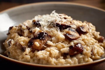 Pilzrisotto cremig Risotto mit Champignons italienisches Reisgericht Parmesan Risotto vegetarisch Trüffel Geschmack Soulfood Comfort Food Risotto Rezept Foodfotografie herbstliche Küche Reispfanne