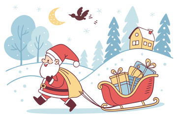 cute christmas winter landscape, cartoon santa claus riding sleigh, gift boxes, snowy pine trees, winter scene, digital illustration, whimsical, vector art style

