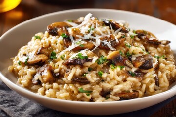 Pilzrisotto cremig Risotto mit Champignons italienisches Reisgericht Parmesan Risotto vegetarisch Trüffel Geschmack Soulfood Comfort Food Risotto Rezept Foodfotografie herbstliche Küche Reispfanne