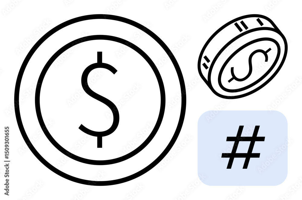 Poster dollar coins in line art and 3d view alongside a metadata tag sign in a soft blue square. ideal for 