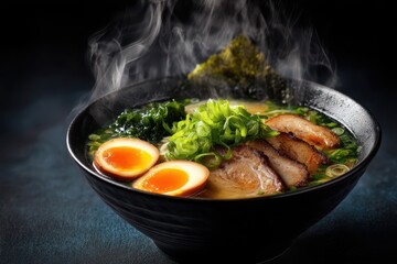 Ramen Suppe mit Ei Chashu japanisches Nudelgericht dampfende Brühe asiatisches Essen Tonkotsu Ramen Miso Ramen Shoyu Ramen Nudelsuppe mit Fleisch Comfort Food Streetfood Foodfotografie Japan Style