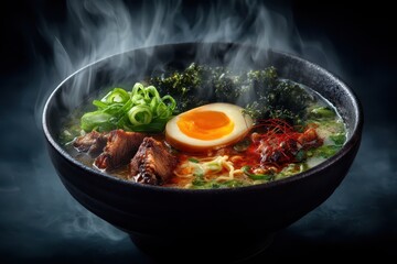 Ramen Suppe mit Ei Chashu japanisches Nudelgericht dampfende Brühe asiatisches Essen Tonkotsu Ramen Miso Ramen Shoyu Ramen Nudelsuppe mit Fleisch Comfort Food Streetfood Foodfotografie Japan Style