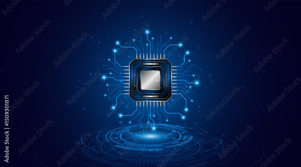 Poster microchip processor circuit board technology on dark blue background. information processing concept