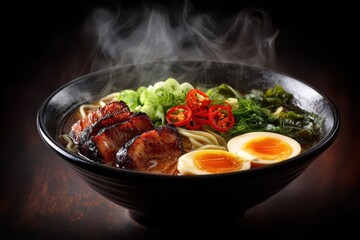 Ramen Suppe mit Ei Chashu japanisches Nudelgericht dampfende Brühe asiatisches Essen Tonkotsu Ramen Miso Ramen Shoyu Ramen Nudelsuppe mit Fleisch Comfort Food Streetfood Foodfotografie Japan Style