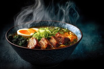 Ramen Suppe mit Ei Chashu japanisches Nudelgericht dampfende Brühe asiatisches Essen Tonkotsu Ramen Miso Ramen Shoyu Ramen Nudelsuppe mit Fleisch Comfort Food Streetfood Foodfotografie Japan Style