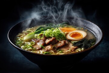 Ramen Suppe mit Ei Chashu japanisches Nudelgericht dampfende Brühe asiatisches Essen Tonkotsu Ramen Miso Ramen Shoyu Ramen Nudelsuppe mit Fleisch Comfort Food Streetfood Foodfotografie Japan Style