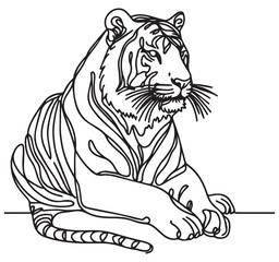 Obraz premium Captivating Continuous Line Art Drawing of a Majestic Striped Sitting Tiger Black and White Animal Illustration for Wildlife Design Decor