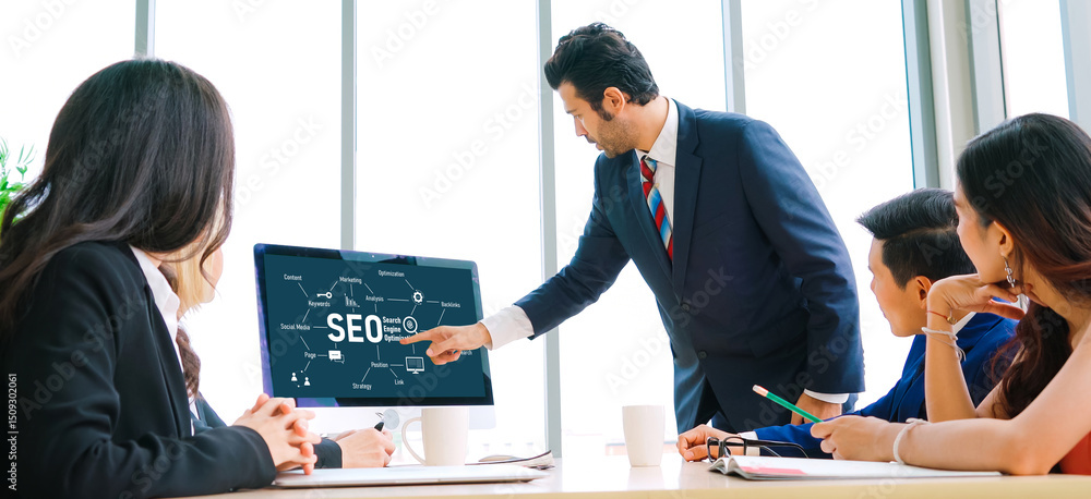 Poster seo search engine optimization for modish e-commerce and online retail business showing on computer 