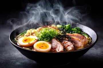 Ramen Suppe mit Ei Chashu japanisches Nudelgericht dampfende Brühe asiatisches Essen Tonkotsu Ramen Miso Ramen Shoyu Ramen Nudelsuppe mit Fleisch Comfort Food Streetfood Foodfotografie Japan Style