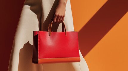 Stylish woman holding a red and orange leather handbag against a bold orange background with strong shadow play.
