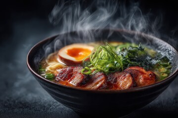 Ramen Suppe mit Ei Chashu japanisches Nudelgericht dampfende Brühe asiatisches Essen Tonkotsu Ramen Miso Ramen Shoyu Ramen Nudelsuppe mit Fleisch Comfort Food Streetfood Foodfotografie Japan Style