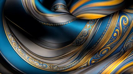 Opulent Blue and Gold Silk Swirl: A Luxurious Textile Design - Powered by Adobe
