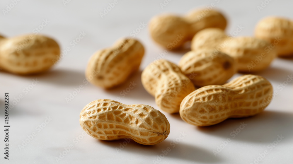 Poster scattered peanuts in shells on a light surface with soft natural lighting.