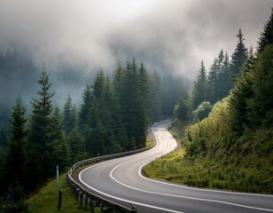 a winding road in the middle of a forest with a misty cloudy sky above the road is surrounded by trees and the mist adds to the serene atmosphere