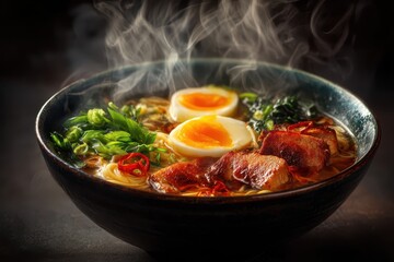 Ramen Suppe mit Ei Chashu japanisches Nudelgericht dampfende Brühe asiatisches Essen Tonkotsu Ramen Miso Ramen Shoyu Ramen Nudelsuppe mit Fleisch Comfort Food Streetfood Foodfotografie Japan Style