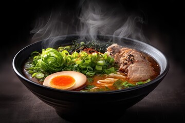 Ramen Suppe mit Ei Chashu japanisches Nudelgericht dampfende Brühe asiatisches Essen Tonkotsu Ramen Miso Ramen Shoyu Ramen Nudelsuppe mit Fleisch Comfort Food Streetfood Foodfotografie Japan Style