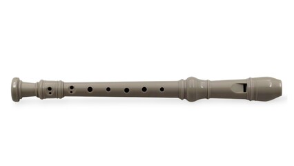 Photo of a beige plastic soprano recorder flute with baroque fingering, commonly used in music education. Features a straight body, seven finger holes, and a built-in fipple mouthpiece.