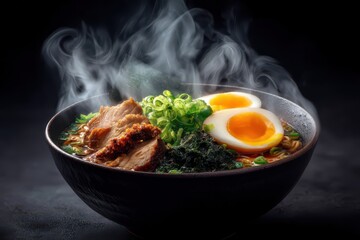 Ramen Suppe mit Ei Chashu japanisches Nudelgericht dampfende Brühe asiatisches Essen Tonkotsu Ramen Miso Ramen Shoyu Ramen Nudelsuppe mit Fleisch Comfort Food Streetfood Foodfotografie Japan Style