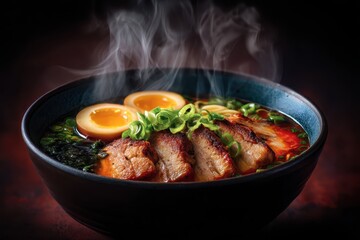 Ramen Suppe mit Ei Chashu japanisches Nudelgericht dampfende Brühe asiatisches Essen Tonkotsu Ramen Miso Ramen Shoyu Ramen Nudelsuppe mit Fleisch Comfort Food Streetfood Foodfotografie Japan Style