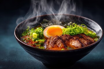 Ramen Suppe mit Ei Chashu japanisches Nudelgericht dampfende Brühe asiatisches Essen Tonkotsu Ramen Miso Ramen Shoyu Ramen Nudelsuppe mit Fleisch Comfort Food Streetfood Foodfotografie Japan Style