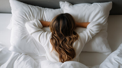 Woman lying face down in white bedding with arms on pillows, creating a cozy and relaxed morning scene.
