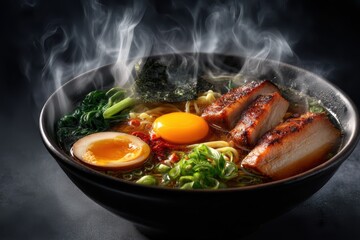 Ramen Suppe mit Ei Chashu japanisches Nudelgericht dampfende Brühe asiatisches Essen Tonkotsu Ramen Miso Ramen Shoyu Ramen Nudelsuppe mit Fleisch Comfort Food Streetfood Foodfotografie Japan Style