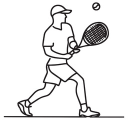 Simple black and white line art illustration of a tennis player hitting a tennis ball with a racket sports graphic