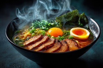Ramen Suppe mit Ei Chashu japanisches Nudelgericht dampfende Brühe asiatisches Essen Tonkotsu Ramen Miso Ramen Shoyu Ramen Nudelsuppe mit Fleisch Comfort Food Streetfood Foodfotografie Japan Style