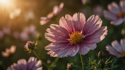 Obraz premium Cosmos flowers in the garden at sunset. Beautiful natural background. Created using generative AI tools