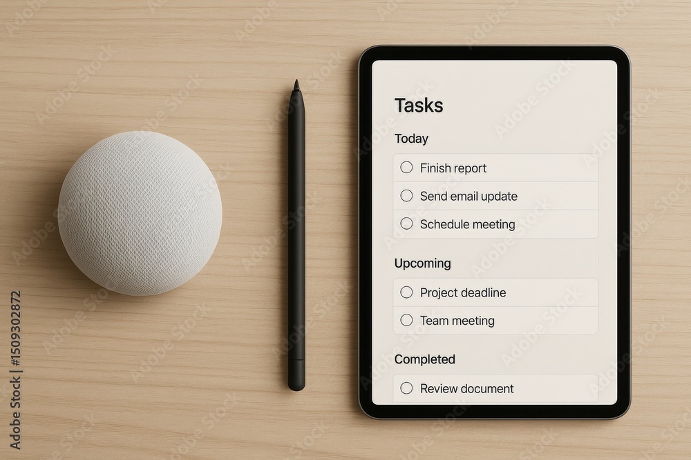 Poster minimalist smart desk setup with tablet and smart speaker