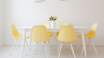Fototapeta premium Bright modern dining room with yellow chairs, white table, pendant lights, and large windows letting in natural sunlight. 